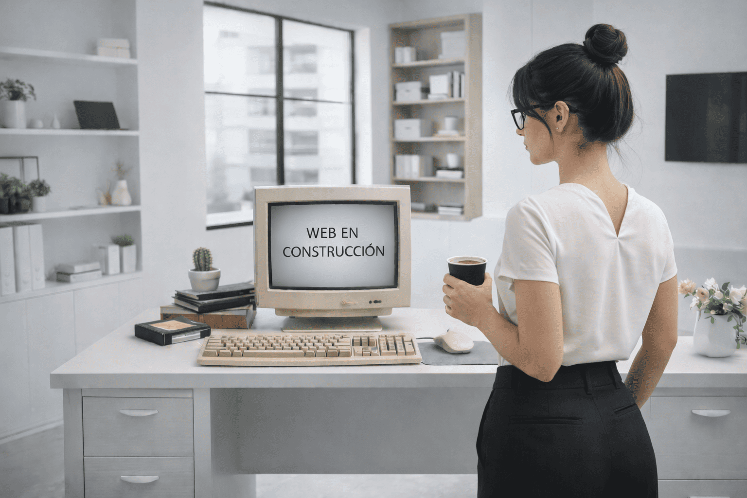 Programadora moderna revisando una web en construcción en un entorno profesional y actual