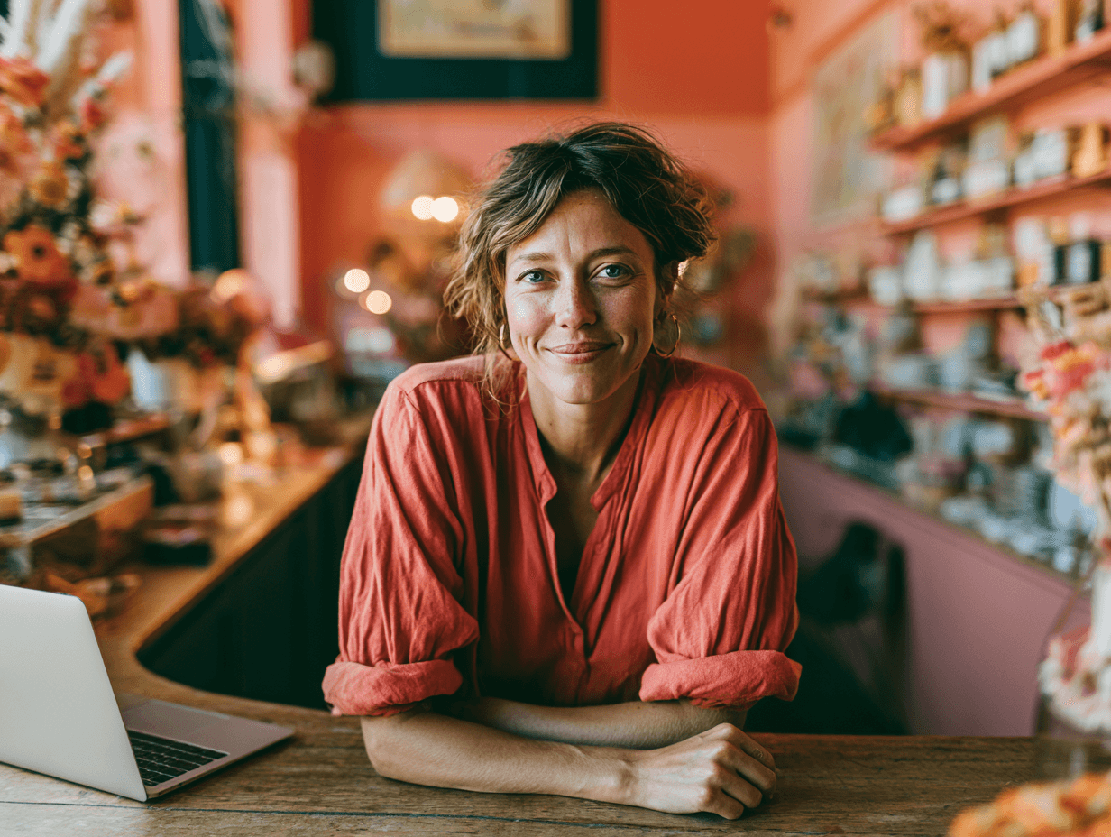 Qué debe tener una página web para PYMEs (y qué sobra) 2 Mujer propietaria de un negocio local sonriendo apoyada en el mostrador de su tienda física, junto a un ordenador portátil para gestionar sus pedidos online.